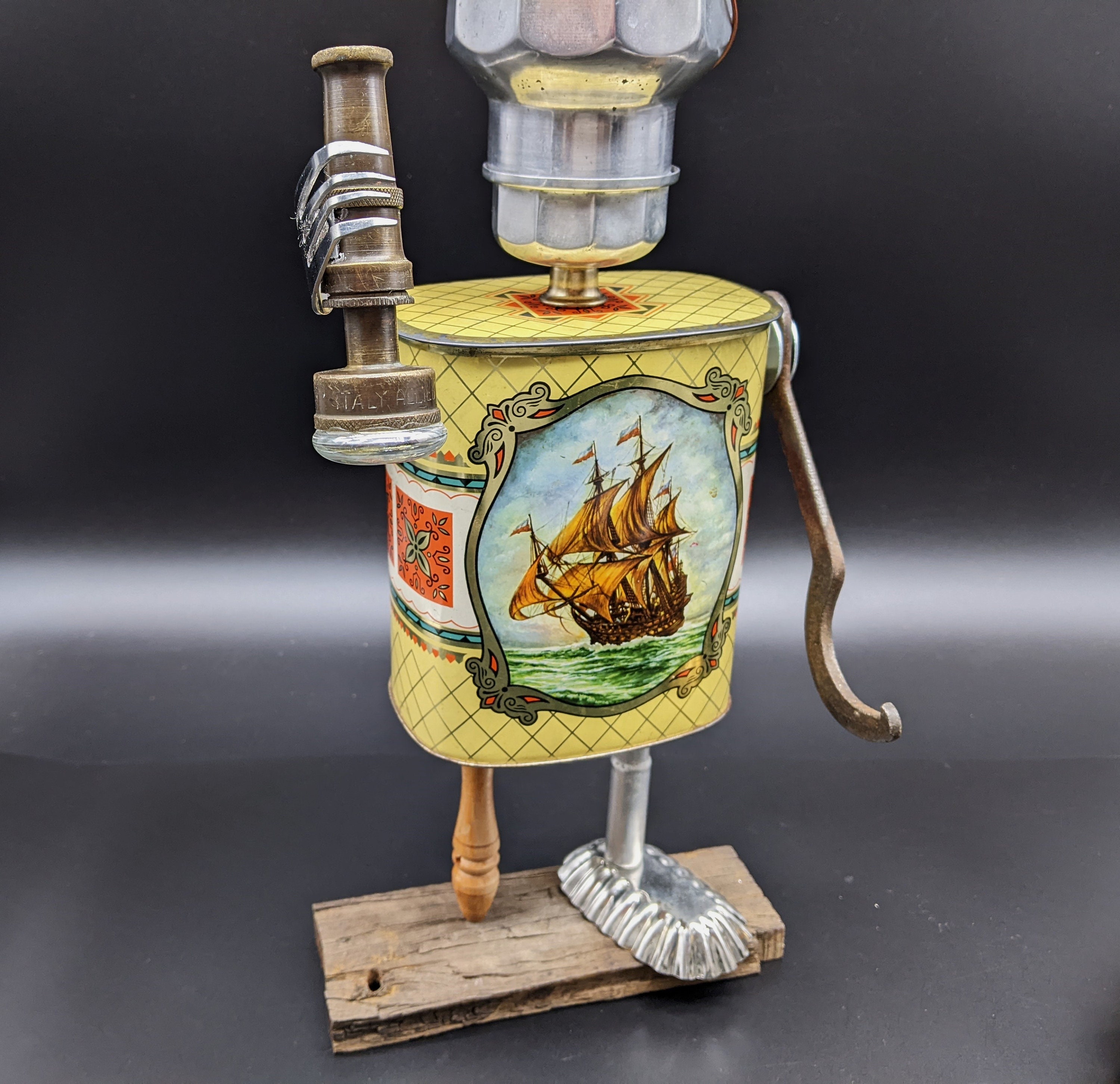 Found Object Pirate Robot Assemblage Art Sculpture Upcycled Repurposed Art  Unique Urn Pirate With Telescope and Treasure Chest 
