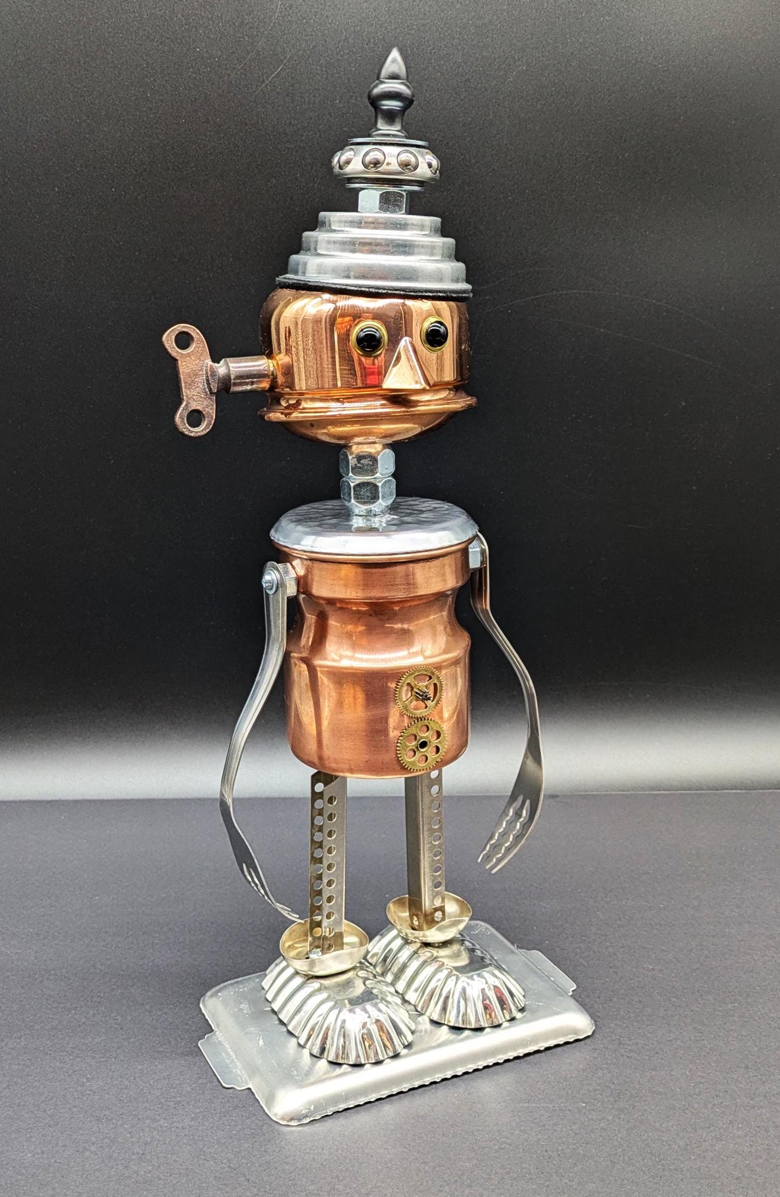 Copper Robot Sculpture: Upcycled Assemblage Art, Alien Robot Decor