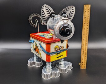 Joe Palooka lunch pail Dog - found object robot dog - Vintage cartoon lunch box tin - Up cycled Recycled