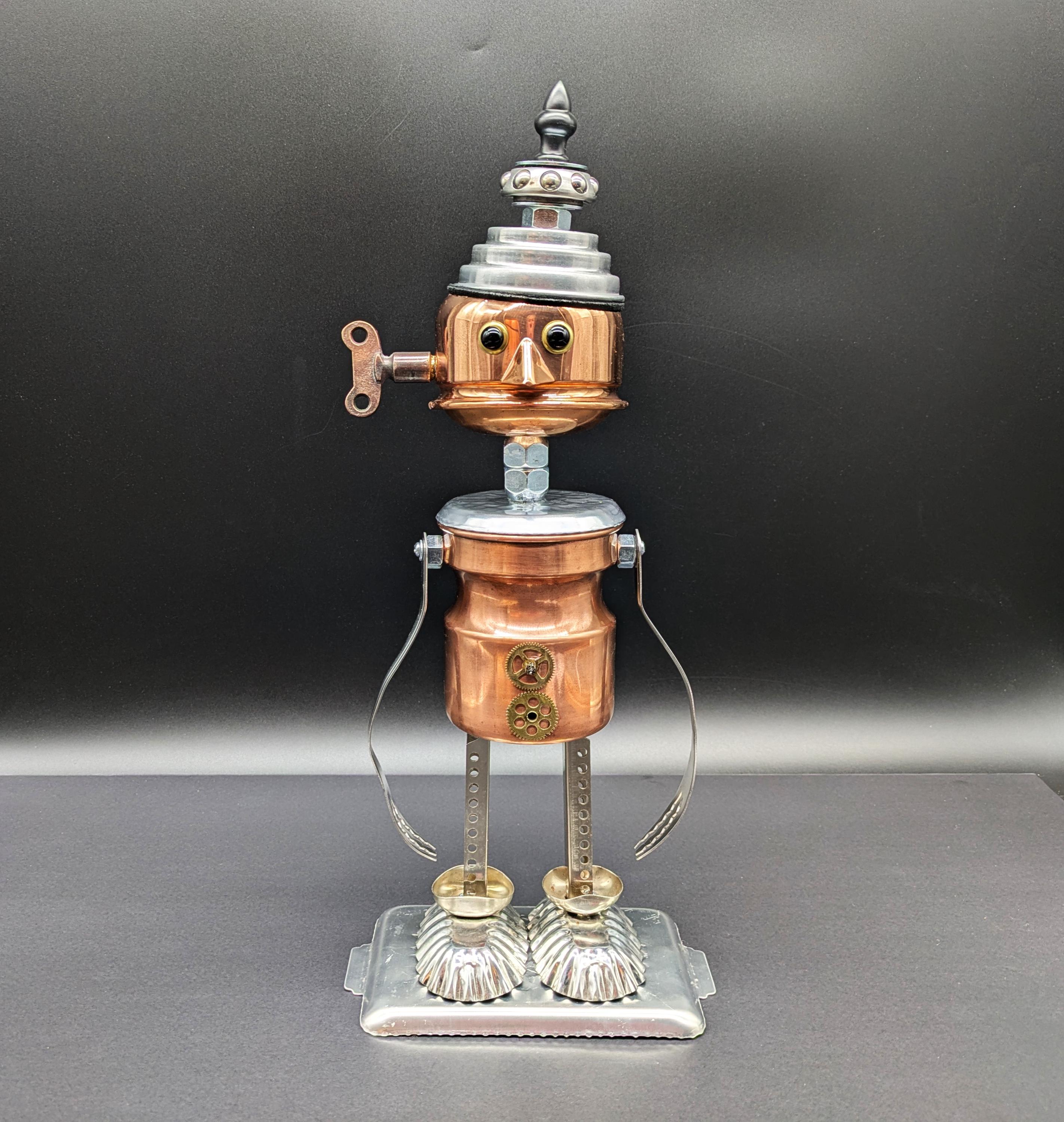 Copper Robot Sculpture: Upcycled Assemblage Art, Alien Robot Decor