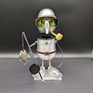 Found object fisherman with catch - Assemblage art sculpture - Upcycled Recycled Repurposed - Gift for fisherman