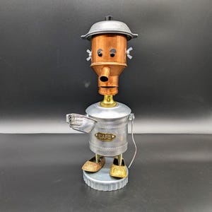 Coffee drinking robot - Found object art - Assemblage sculpture - Upcycled Recycled art
