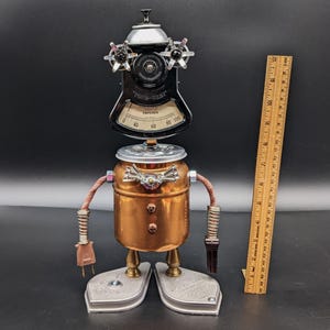 Meter head Found object robot sculpture - Assemblage art - Upcycled Recycled Repurposed - Ammeter smiling robot - steampunk