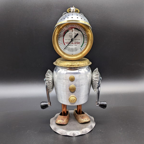 Found object robot - Aviation pressure meter head - Assemblage art sculpture - Upcycled recycled art