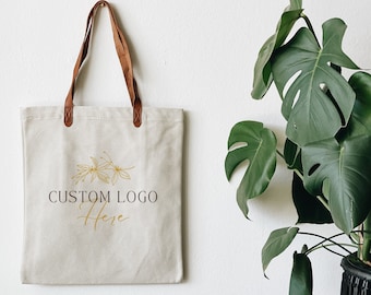 Custom Logo Leather Strap Canvas Tote Bag-Personalized Text/Bible Verse/ Christmas Gift/Own Logo/ Everyday bag/Promo Bag/ Personalized Logo