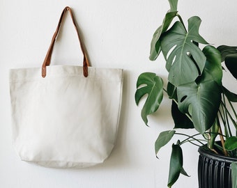 NO DESIGN - Leather Strap Canvas Tote Bag (WIDE) / Shoulder bag/ Minimalist/Sophisticated tote/Simple Bag/Tote with Pocket /Eco friendly Bag