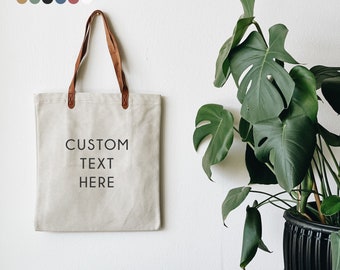 Custom Text Leather Strap Canvas Tote Bag -Personalized Text/Bible Verse / Bridesmaid Gift/Own Logo/ Everyday bag / Promo Bag