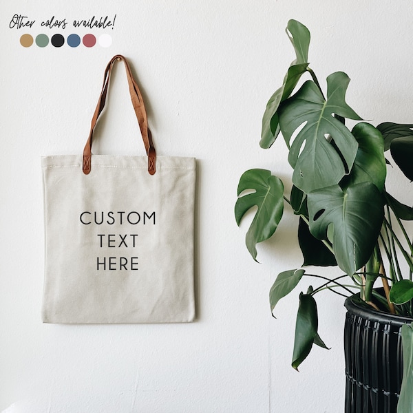 Custom Text Leather Strap Canvas Tote Bag -Personalized Text/Bible Verse / Bridesmaid Gift/Own Logo/ Everyday bag / Promo Bag