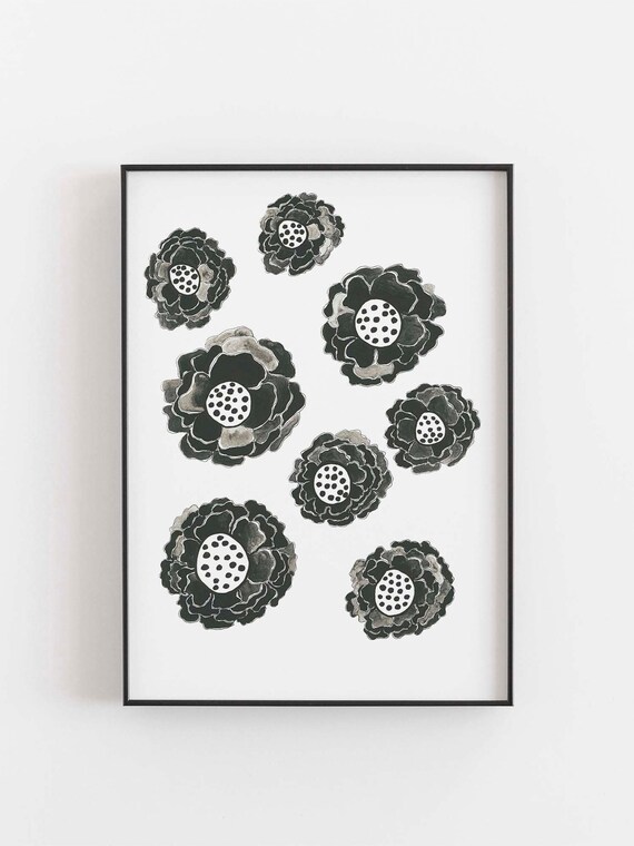 Floral Art Print Flower Black And White Art Print Wall Etsy