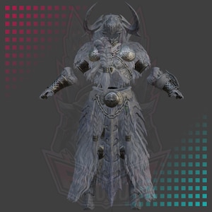 May include: A gray and silver armored figure with horns and a fur skirt. The figure is wearing a horned helmet and has a chain belt.