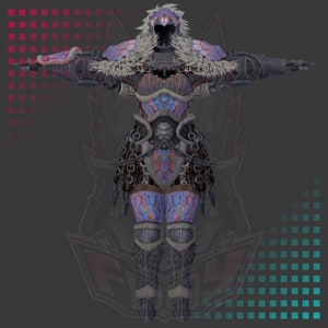 Peut inclure: Vue détaillée du corps entier d'un personnage de jeu vidéo portant une armure bleue et violette avec une capuche en fourrure blanche. Le personnage est debout, les bras tendus, mettant en valeur les détails complexes de l'armure.