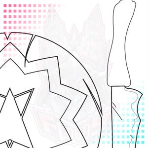 Peut inclure: Un dessin au trait noir et blanc d'un motif géométrique avec une étoile au centre. Le motif est entouré d'un cercle de zigzags. Le motif est sur un fond blanc avec un motif à carreaux rose et bleu.