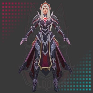 Pode incluir: Uma personagem feminina vestindo um traje escuro, detalhado e blindado com detalhes em vermelho e dourado. Ela tem cabelos longos e brancos e uma coroa. O fundo é um degradado cinza com um padrão xadrez vermelho e azul.