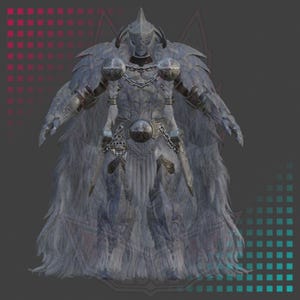 Puede incluir: Representación digital detallada de un guerrero con armadura ornamentada. La figura está vestida con una armadura gris y plateada, con un casco y hombreras. Una capa forrada de piel y detalles de cota de malla añaden textura. Dos espadas son visibles en la cintura.