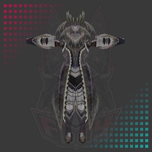 Puede incluir: Una armadura detallada en negro y gris con un casco con cuernos y una larga capa fluida. La armadura tiene un diseño esquelético y está detallada con púas y otros adornos.