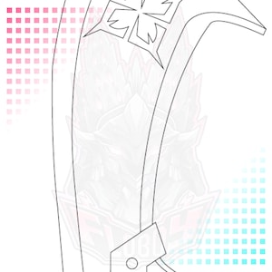 Peut inclure: Dessin au trait d'une épée courbe avec une poignée décorative. L'épée est dessinée en noir sur un fond blanc. L'arrière-plan présente un dégradé de carrés roses et bleus.