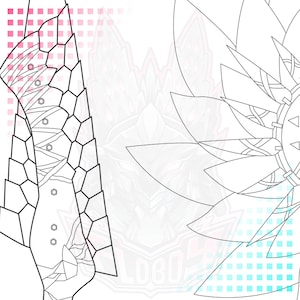 May include: Black and white line art illustration of a stylized dragon with a large wingspan. The dragon has a detailed design with scales and spikes. The background is a gradient of pink and blue with a checkered pattern.