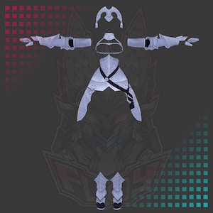 Op de afbeelding: Een witte en zilveren harnasset met een helm, borststuk, handschoenen en beenplaten. Het harnas heeft een strak, futuristisch ontwerp met ingewikkelde details.