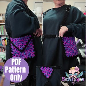 May include: A PDF pattern for a crocheted crossbody bag with a black strap and a purple and blue color scheme. The bag is worn by a person in the image. The pattern is available for purchase. "PDF Pattern Only" is written in a purple circle on the image.