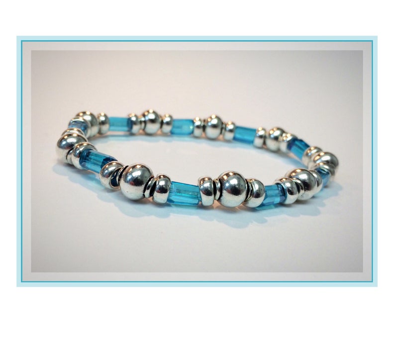 Aquamarine BraceletSilver BraceletGlass beaded BraceletAqua Blue BraceletGlass Tube Beaded BraceletGlass Tube Beads