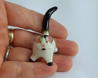 Miniature porcelain big pink nose black white kitty cat, wee ceramic cat, collectable kitty cat figurine, terrarium, ready to ship