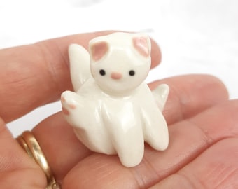 Miniature porcelain white kitty cat, ceramic cat, collectible white butt licking kitten figurine, terrarium, fairy garden, ready to ship