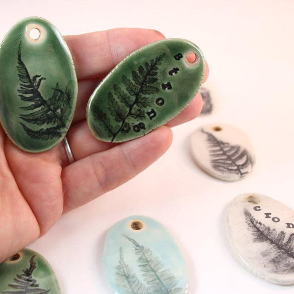 green fern impression porcelain pendant, fern leaves ceramic botanical necklace pendant, ferns, celadon , talisman, charm, ready to ship
