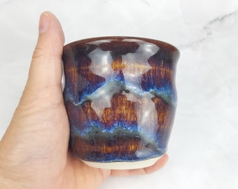 Brown Blue stoneware tumbler, stoneware pottery cup, handthrown ceramic wine cup, handleless cup, juice glass, food safe, ready to ship