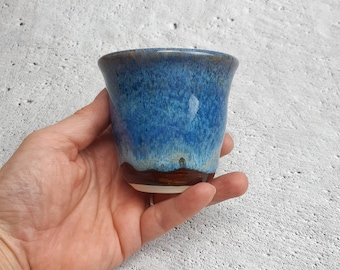 Light blue stoneware tumbler, blue brown pottery cup, juice glass, gift, handthrown ceramic cup, handleless cup, food safe, ready to ship