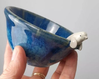 PREORDER Beluga whale blue stoneware bowl, white whale, ceramic bowl, handthrown pottery dish, food safe, preorder postage temporarily fixed