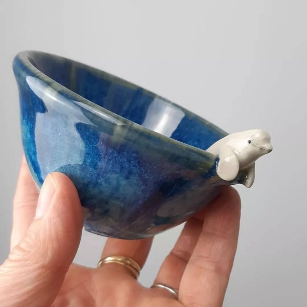 PREORDER Beluga whale blue stoneware bowl, white whale, ceramic bowl, handthrown pottery dish, food safe, preorder postage temporarily fixed