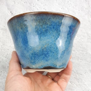 May include: A blue and brown ceramic planter with a glazed finish. The planter has a wide, rounded base and a flared rim.