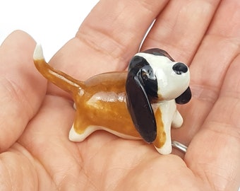 tan black miniature porcelain dog, beagle figurine, ceramic clay collectible puppy tiny  doggy collectible, ready to ship