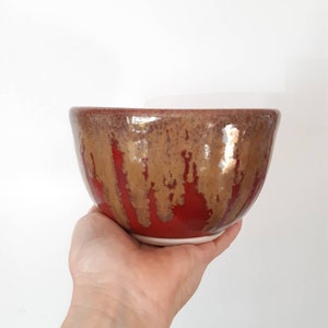 May include: A red and brown ceramic bowl with a glossy finish. The bowl has a white interior and is hand-thrown.