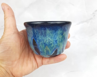Blue green stoneware tumbler, glazed bottom, pottery cup, handthrown ceramic cup, handleless cup, tumbler, food safe, ready to ship