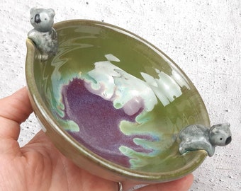 D koala pink green stoneware bowl, koala figurine ceramic bowl, handthrown pottery dish, food safe, gift for her him, ready to ship