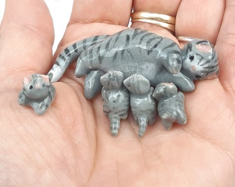 Miniature porcelain grey tabby mother cat with kittens, mama cat ceramic, collectible kitty figurine, terrarium, fairy garden, ready to ship