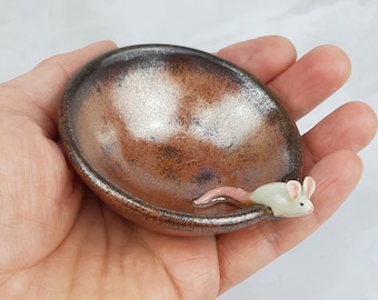 Mouse copper stoneware bowl, white mouse figurine ceramic bowl, dish, handthrown copper pottery dish, food safe, ready to ship