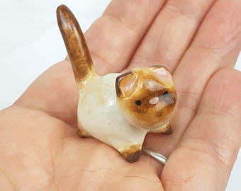 Miniature porcelain exotic shorthair kitty cat, ceramic, collectible chocolate point cat figurine, terrarium, fairy garden, ready to ship