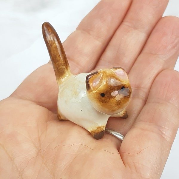 Miniature porcelain exotic shorthair kitty cat, ceramic, collectible chocolate point cat figurine, terrarium, fairy garden, ready to ship