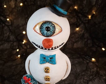 Dark Christmas Cyclops  Snowman, One Eyed Creepy Snowman Christmas Folk Art,   Gothic Christmas Decoration.