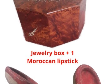 Moroccan wooden jewelry handmade, Boite à bijoux en bois de thuya du Maroc, idée cadeau + 1 moroccan  natural lipstick