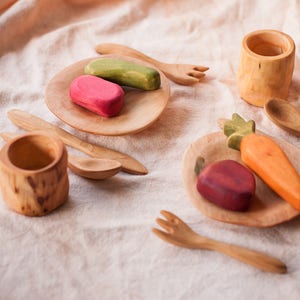 Wood play food - Wooden toy flatware cutlery set - Plate Glass Spoon Knife Fork. Waldorf toys. Montessori materials. Kitchen
