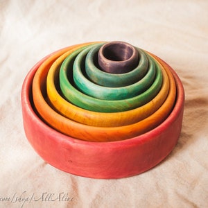 Wooden Rainbow Pyramid Stacking & Nesting Bowls Cups Colorful Waldorf toys Montessori materials Set of 7-Food coloring image 2