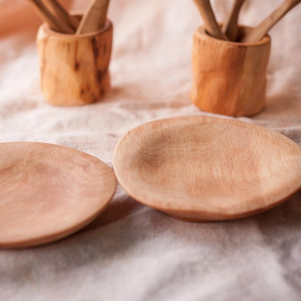 Wood play food. Wooden toy flatware cutlery - Wooden Plate. Waldorf toys. Montessori materials. Children cooking set.