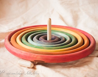 Wooden Rainbow stacking Circles set - Throw Rings Game - Colorful - Waldorf toys - Montessori materials - Set of 7