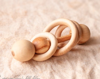 Wooden Teether Rattle "Pure Nature Stick" - No Glue - For newborn infant babies - Waldorf inspired toy -  first toy for baby boys and girls