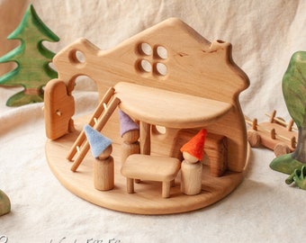 Double sided Wooden Doll House with table, ladder,three peg doll people, horse and cart - Waldorf toys - Montessori materials - tiny house