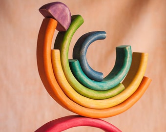 Houten regenboogstapelaar - Kleurrijk - Waldorfspeelgoed - Montessorimaterialen - Set van 7 - Balancerend speelgoed - Kleurstof voor levensmiddelen