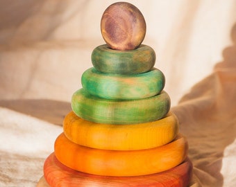 Wooden Rainbow Pyramid stacking toy - Colorful - Waldorf toys - Montessori materials - Set of 7 - Food coloring